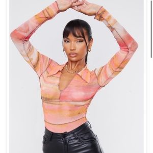 Orange Abstract Printed Mesh Contrast Stitch Long Sleeve Bodysuit